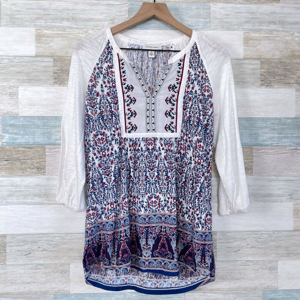 Vintage America Pine Peasant Top White Gardenia Split Neck Boho Womens XS